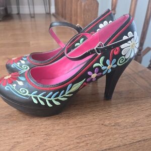 Embroidered Black Mary Jane Heels